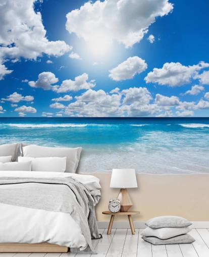 blue and white beach wallpaper mural called Ocean Skies for home offices, bathrooms and bedrooms