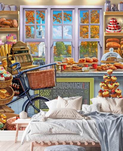 cake and bread shop interior wallpaper