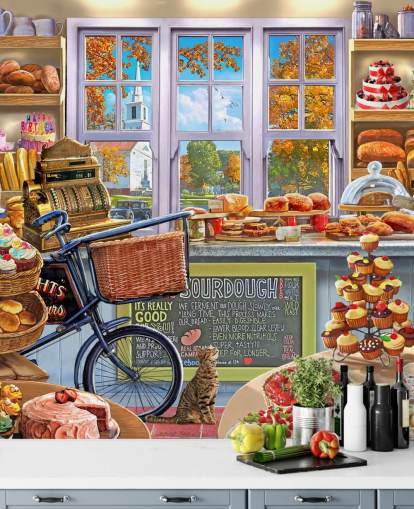 cake and bread shop interior wallpaper