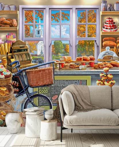 cake and bread shop interior wallpaper