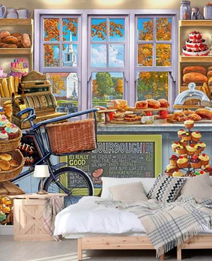 cake and bread shop interior wallpaper
