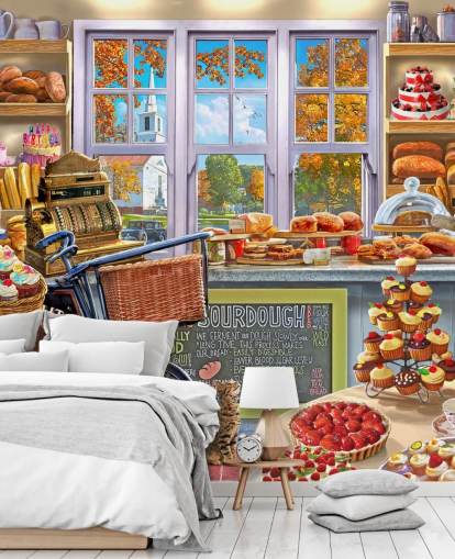 cake and bread shop interior wallpaper