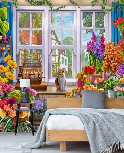 in einem bunten Blumenladen mit Katzentapete