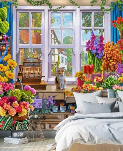 inside a colourful flower shop with cat wallpaper inside a colourful flower shop with cat wallpaper