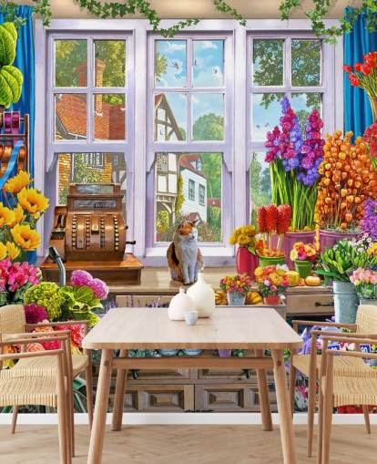 inde i en farverig blomsterbutik med kat tapet