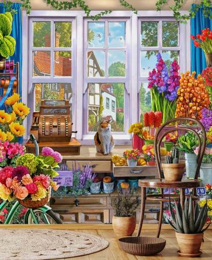 inside a colourful flower shop with cat wallpaper