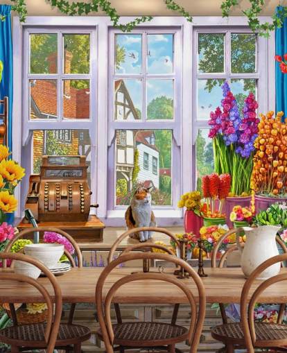 inside a colourful flower shop with cat wallpaper inside a colourful flower shop with cat wallpaper