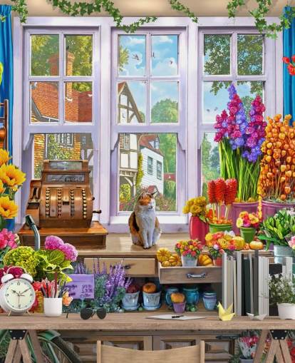 in einem bunten Blumenladen mit Katzentapete