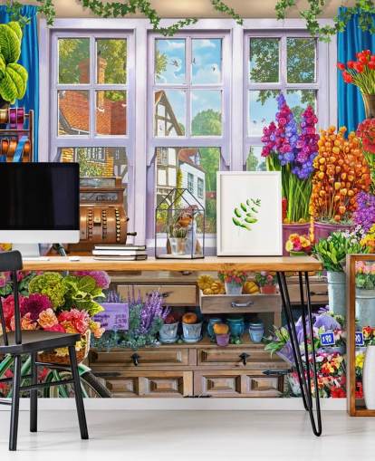 inside a colourful flower shop with cat wallpaper