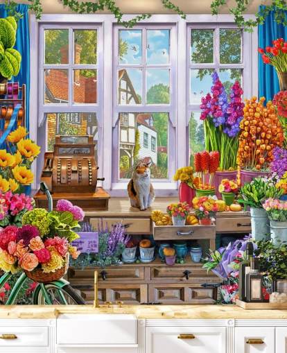 inside a colourful flower shop with cat wallpaper inside a colourful flower shop with cat wallpaper