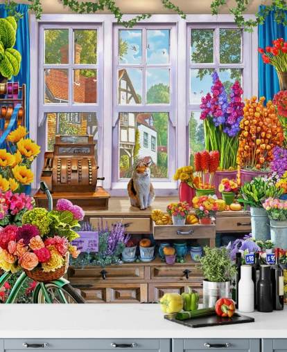 inside a colourful flower shop with cat wallpaper