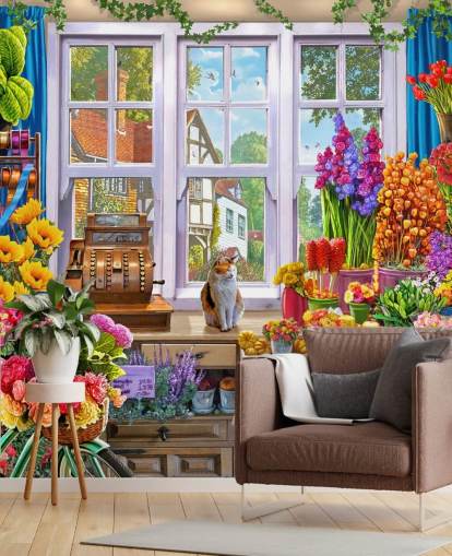 à l'intérieur d'un magasin de fleurs coloré avec papier peint chat