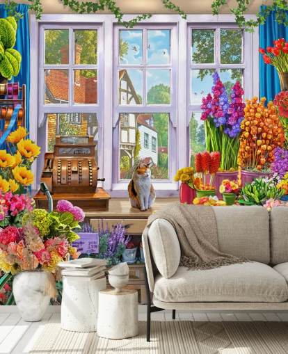 in einem bunten Blumenladen mit Katzentapete