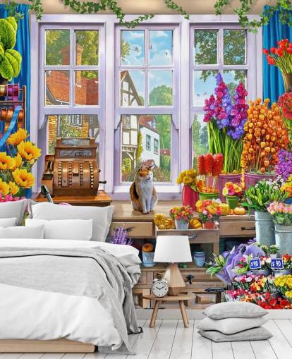 in een kleurrijke bloemenwinkel met kattenbehang