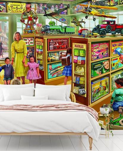 inside of a vintage toy shop wallpaper
