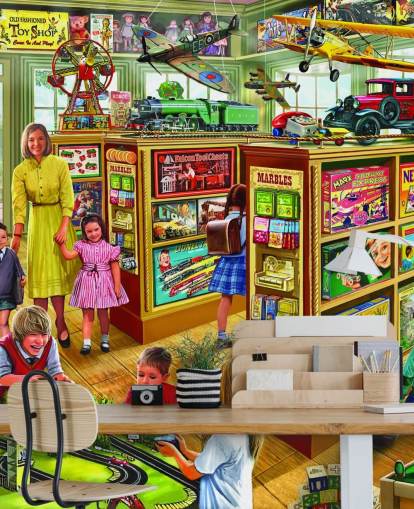 inside of a vintage toy shop wallpaper