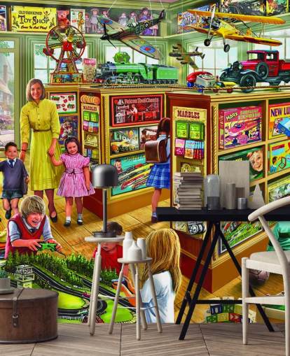 dentro de um papel de parede de loja de brinquedos vintage dentro de um papel de parede de loja de brinquedos vintage
