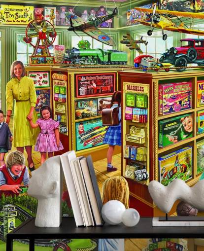 dentro de un fondo de pantalla de tienda de juguetes vintage