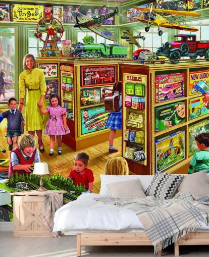 dentro de un fondo de pantalla de tienda de juguetes vintage