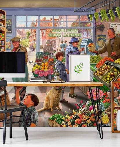 old fashioned greengrocer illustration wallpaper