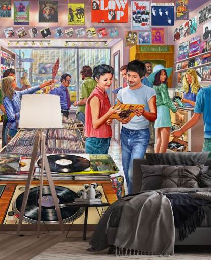 vintage muziekwinkel behang