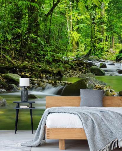 groene beek behangmuurschildering genaamd Beautiful Mountain Stream at Wallsauce voor slaapkamers, badkamers en kantoren