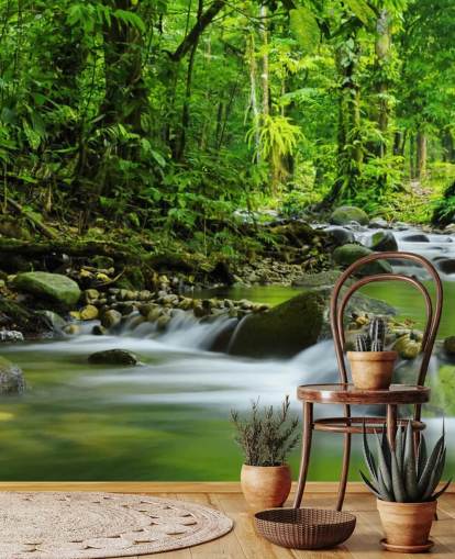 green stream wallpaper mural called Beautiful Mountain Stream at Wallsauce for bedrooms, bathrooms and offices