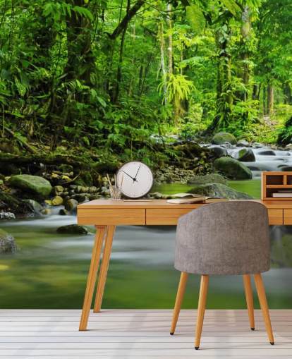 grön ström tapetväggmålning som heter Beautiful Mountain Stream på Wallsauce för sovrum, badrum och kontor