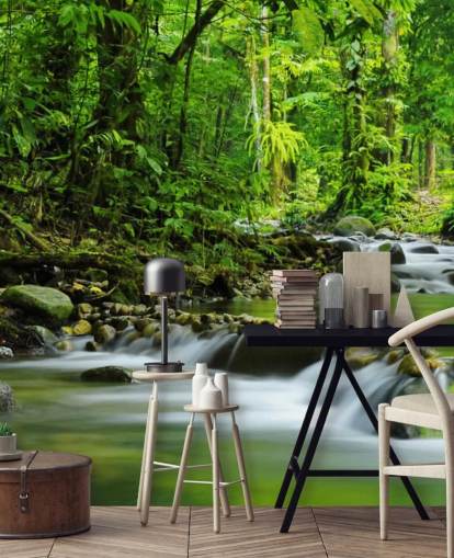 grön ström tapetväggmålning som heter Beautiful Mountain Stream på Wallsauce för sovrum, badrum och kontor grön ström tapetväggmålning som heter Beautiful Mountain Stream på Wallsauce för sovrum, badrum och kontor