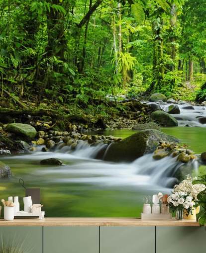 Wandbild mit grünem Bachlauf mit dem Titel Beautiful Mountain Stream at Wallsauce für Schlafzimmer, Badezimmer und Büros