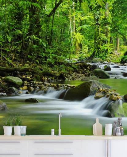 carta da parati murale con ruscello verde chiamato Beautiful Mountain Stream at Wallsauce per camere da letto, bagni e uffici