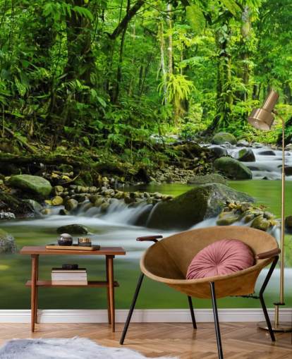 green stream wallpaper mural called Beautiful Mountain Stream at Wallsauce for bedrooms, bathrooms and offices