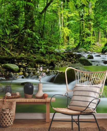 green stream wallpaper mural called Beautiful Mountain Stream at Wallsauce for bedrooms, bathrooms and offices