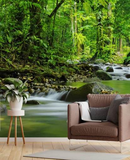 green stream wallpaper mural called Beautiful Mountain Stream at Wallsauce for bedrooms, bathrooms and offices