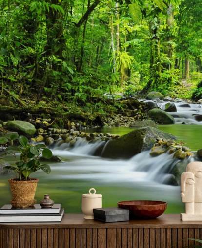green stream wallpaper mural called Beautiful Mountain Stream at Wallsauce for bedrooms, bathrooms and offices