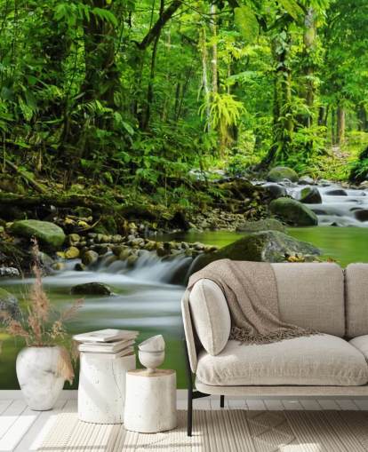 green stream wallpaper mural called Beautiful Mountain Stream at Wallsauce for bedrooms, bathrooms and offices