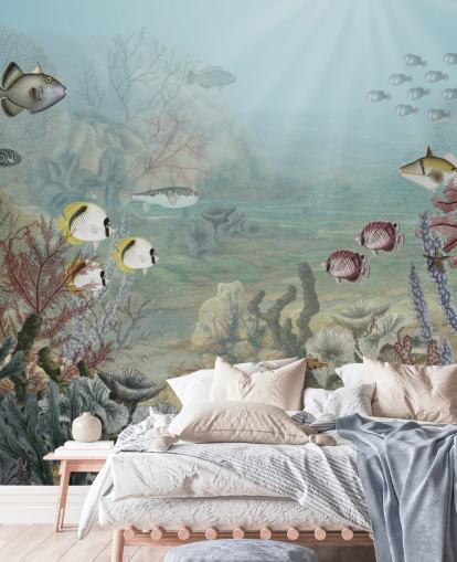 papel de parede vintage ilustração de peixes e corais