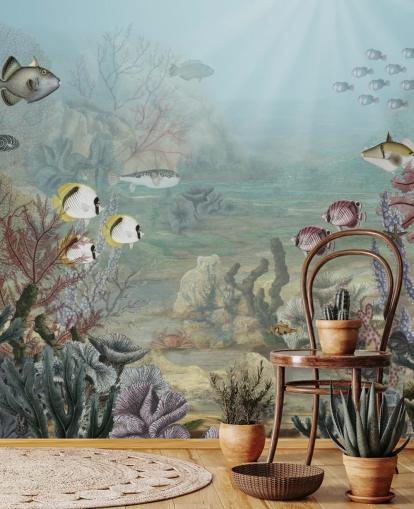 papier peint illustration poisson et corail vintage