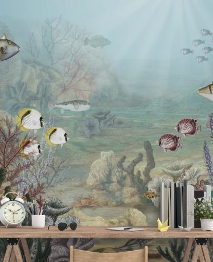vintage vis en koraal illustratie behang
