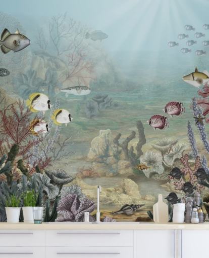 papel de parede vintage ilustração de peixes e corais