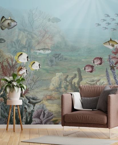 papier peint illustration poisson et corail vintage