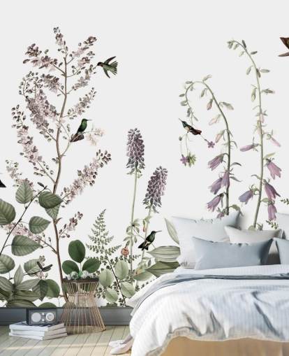 papel pintado de colibríes y flores