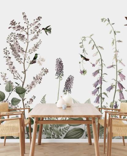 piccoli colibrì e carta da parati floreale