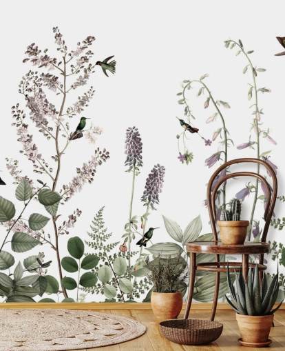 små kolibrier och blommiga tapeter