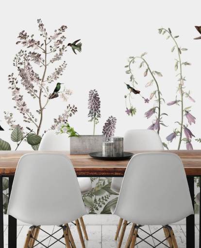 piccoli colibrì e carta da parati floreale