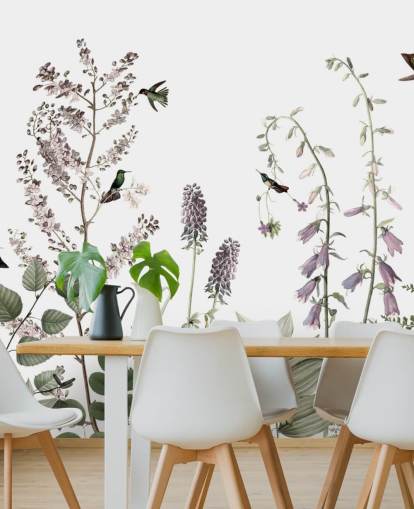 little hummingbirds and floral wallpaper