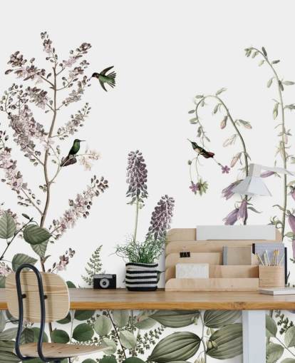 små kolibrier och blommiga tapeter