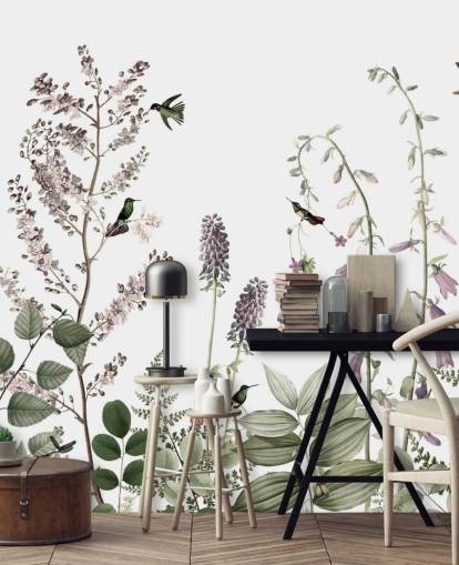 papel pintado de colibríes y flores