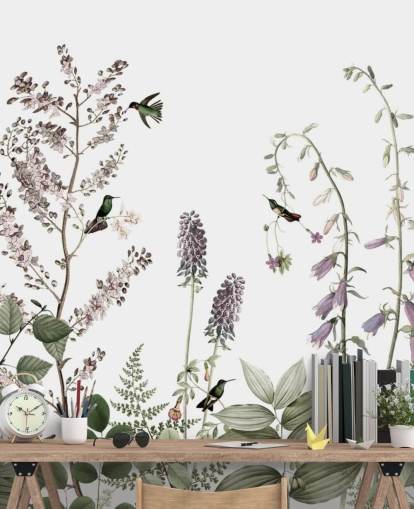 little hummingbirds and floral wallpaper
