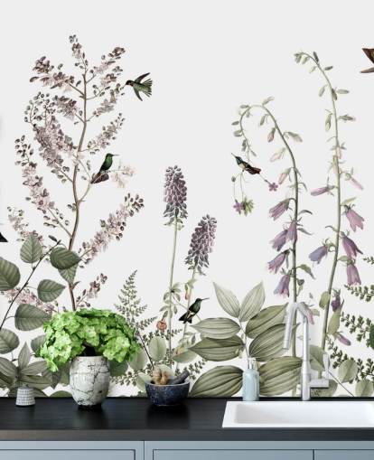 little hummingbirds and floral wallpaper